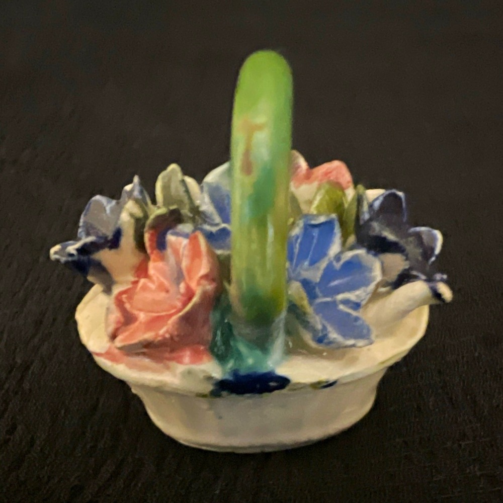 Vintage Italian Miniature Ceramic Floral Flower Basket Figurine w/ Handle 1.25"